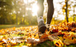 © maxbelchenko - Close-up of feet in hiking boots in a clearing among fallen leaves in a sunny autumn park. Lifestyle concept, outdoor walk.