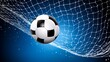 © Viewvie - Soccer ball in net on blue background. 3D illustration.