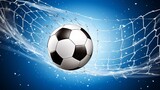 Fototapeta Pokój dzieciecy - Soccer ball in net on blue background. 3D illustration.
