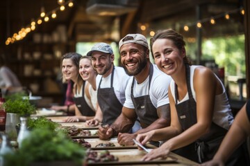  Group Of Enthusiastic Participants Wearing Aprons, Generative AI