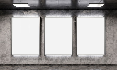 Wall Mural - Three blank billboards on underground subway wall Mockup. Hoardings advertising triptych on train station interior 3D rendering