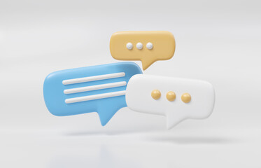 Wall Mural - Minimalist blue and yellow speech bubbles talk icons floating over white background. Modern conversation or social media messages with shadow. 3D rendering