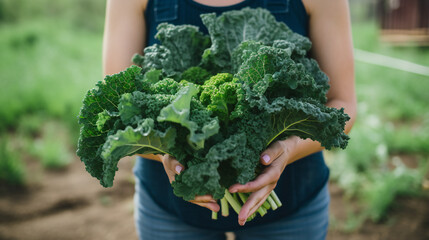 close-up partial view of farmer holding organic kale. Generative AI.