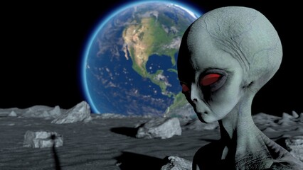 Wall Mural - scary gray alien stands on the moon and looks blinking. planet earth is visible. ufo futuristic conc