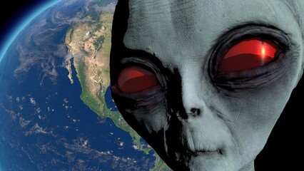Wall Mural - scary gray alien stands on the moon and looks blinking. planet earth is visible. ufo futuristic conc