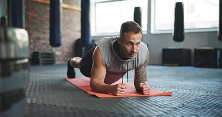 Sticker - Gym, plank and a man on floor for exercise, sports training or workout for wellness. Athlete person at health club for fitness, strong muscle and commitment with push up, balance and strength