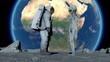 An astronaut and a gray alien stand looking at each other on the moon. First contact.. Planet Earth Is Visible. UFO futuristic concept. 3D rendering.