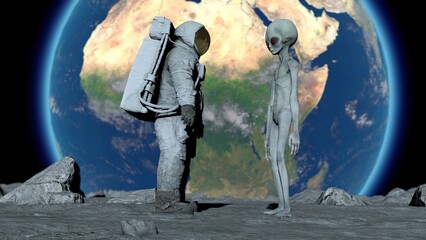 Wall Mural - an astronaut and a gray alien stand looking at each other on the moon. first contact.. planet earth 