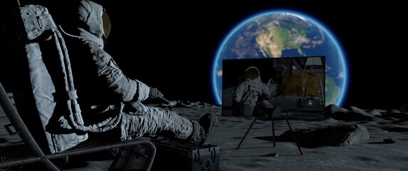 Wall Mural - 3d rendering. lunar astronaut drinking beer sitting in easy beach chair on moon surface, enjoying vi