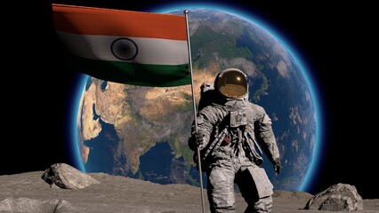 Wall Mural - lunar astronaut walks on the moon with indian flag, sticks it into the lunar surface, and salutes. 3