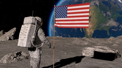 Wall Mural - lunar astronaut walks on the moon with american flag and salutes. 3d rendering.