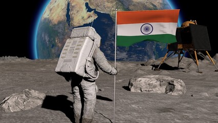 Wall Mural - lunar astronaut walks on the moon with indian flag and salutes. a spacecraft similar to chandrayan 3