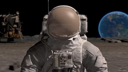Wall Mural - portrait of man astronaut on moon wearing helmet looking at earth globe in outer space closeup. sci-