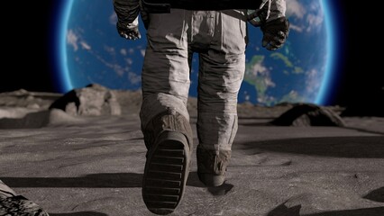 Wall Mural - lunar astronaut in space suit walking on the moon. planet earth is visible. 3d rendering.