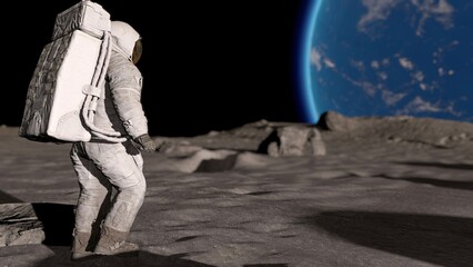 Wall Mural - lunar astronaut in space suit walking on the moon. planet earth is visible. 3d rendering.