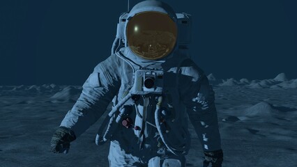 Wall Mural - lunar astronaut in space suit walking on the moon. 3d rendering.