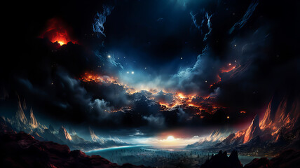 Wall Mural - dramatic landscape of an unknown planet, with high stone mountains, cosmic clouds, smoke, and fire. 