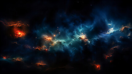 Wall Mural - dramatic landscape of an unknown planet, with high stone mountains, cosmic clouds, smoke, and fire. 