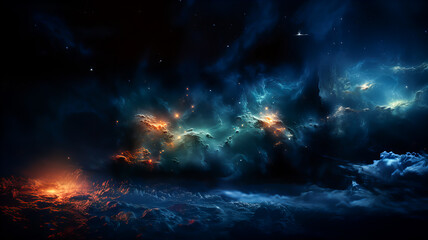 Wall Mural - dramatic landscape of an unknown planet, with high stone mountains, cosmic clouds, smoke, and fire. 