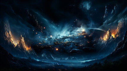 Wall Mural - dramatic landscape of an unknown planet, with high stone mountains, cosmic clouds, smoke, and fire. 