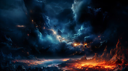 Wall Mural - dramatic landscape of an unknown planet, with high stone mountains, cosmic clouds, smoke, and fire. 