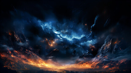 Wall Mural - dramatic landscape of an unknown planet, with high stone mountains, cosmic clouds, smoke, and fire. 