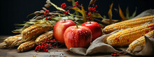 Herbstlicher Thanksgiving Erntedankfest Banner Mit Frischen Roten Äpfel, Maiskolben Und Roten Beeren Auf Einem Rustikalen Holztisch