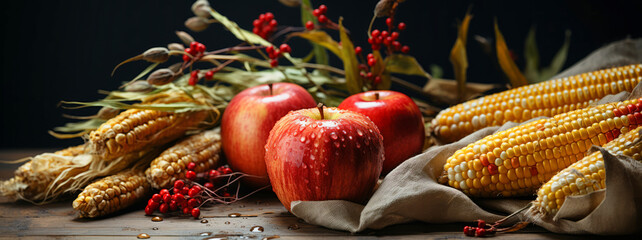 Herbstlicher Thanksgiving Erntedankfest Banner mit frischen roten Äpfel, Maiskolben und roten Beeren auf einem rustikalen Holztisch