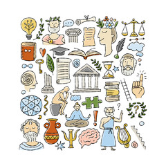Fototapete - Philosophy concept art, hand-drawn philosophers and elements. Square frame background for your design