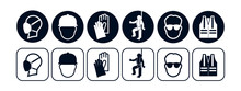 Set Of Safety Equipment Signs. Work Safety Icon. Essential Construction And Industry Signs. Collection Of Safety And Health Protection Equipment. Vector.