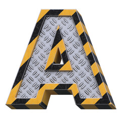 Wall Mural - Industrial black and yellow striped metallic font, 3d rendering, letter A