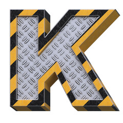 Industrial black and yellow striped metallic font, 3d rendering, letter K