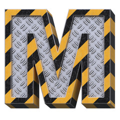 Wall Mural - Industrial black and yellow striped metallic font, 3d rendering, letter M