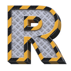 Wall Mural - Industrial black and yellow striped metallic font, 3d rendering, letter R