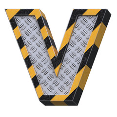 Industrial black and yellow striped metallic font, 3d rendering, letter V