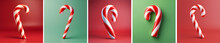 Set Of Christmas Canes. 3D Christmas Candy Cane Renders In White, Red And Green Colors. Variety Of Candy Canes On Different Backgrounds. Xmas Banner. Happy New Year And Merry Christmas Celeblation