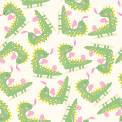 Wall Mural - seamless pattern with a cute cartoon green dragon. vector illustrations