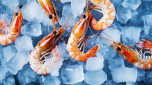 Top View Of Raw Whole King Prawns On Ice. Seafood Background. Generative AI