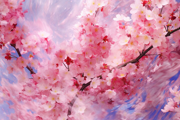 Poster - An abstract representation of cherry blossoms in vibrant hues of pink and white, with flowing lines and delicate petals. Generative AI technology.