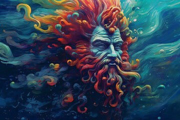 Poster - An abstract representation of the god Enki, associated with wisdom and freshwater, with swirling patterns and vibrant aquatic colors.  Generative AI technology.