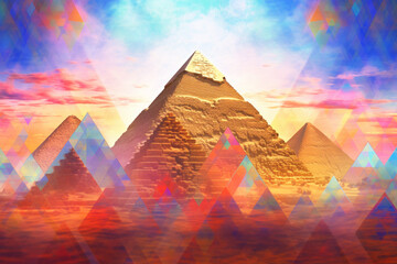 Aufkleber - An abstract representation of the iconic pyramids of Ancient Egypt, with vibrant colors and geometric patterns. Generative AI technology.