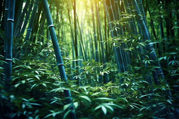 Aufkleber - An image featuring abstract interpretations of a lush bamboo forest, with tall stalks and vibrant green tones.  Generative AI technology.