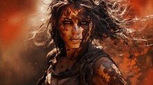 In The Heat Of Battle, A Woman Warrior Wears A Rag Cloth That's Been Covered In Blood And Mud.