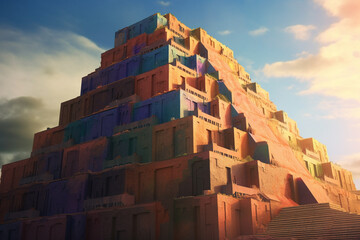 Poster - An abstract depiction of the Ziggurat of Ur, with geometric shapes and earthy tones.  Generative AI technology.