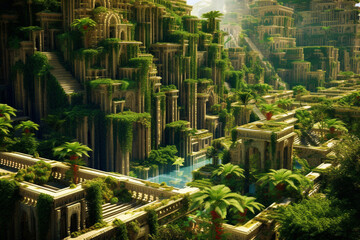 Aufkleber - An image featuring abstract representations of the Hanging Gardens of Babylon, with flowing lines and lush green tones. Generative AI technology.