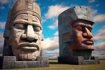 Aufkleber -  An abstract depiction of the famous Olmec colossal heads, with bold lines and earthy tones.  Generative AI technology.