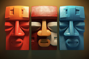 Poster - An abstract portrayal of iconic Olmec symbols, with abstract shapes and a symbolic color palette. Generative AI technology.