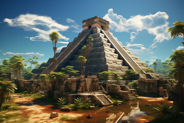 Aufkleber -  This interpretation of the Great Pyramid of Chichen Itza highlights its grandeur and significance through abstract and geometric forms. Generative AI technology.