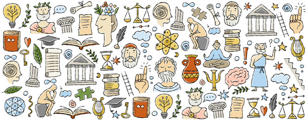 Fototapete - Philosophy concept art, hand-drawn philosophers and elements. Horizontal banner, background for your design
