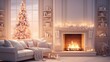 © Georgii - Interior of classic white living room with Christmas decor. Blazing fireplace, garlands and burning candles, elegant Christmas tree, comfortable cushioned furniture, bookshelves, large window.